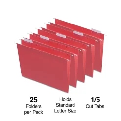 Hanging File Folders|Staples ® Hanging File Folders, 1/5-Cut Tab, Letter Size, , 25/Box (ST163535-CC) Red
