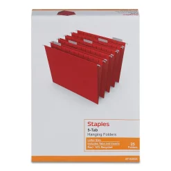 Hanging File Folders|Staples ® Hanging File Folders, 1/5-Cut Tab, Letter Size, , 25/Box (ST163535-CC) Red