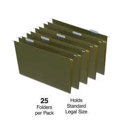 Hanging File Folders|Staples Heavy Duty Box Bottom Hanging File Folder, 2" Expansion, 1/5-Cut Tab, Legal Size, Standard Green, 25/Box