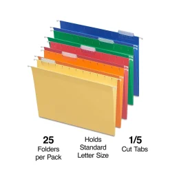 Hanging File Folders|Staples ® Heavy Duty Bright Colored Hanging File Folders, 1/5-Cut Tab, Letter Size, Assorted Colors, 25/Box (ST875411-CC)