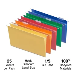 Hanging File Folders|Staples Heavy Duty Reinforced Hanging File Folders, 1/5-Cut Tab, Legal Size, Assorted Colors, 25/Box (ST18657-CC)