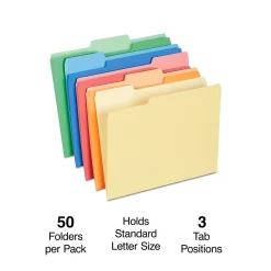 File Folders|Staples Heavyweight File Folders, 1/3-Cut Tab, Letter Size, , 50/Box (ST18363-CC) Assorted Colors