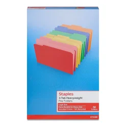 File Folders|Staples Heavyweight File Folders, 1/3-Cut Tab, Legal Size, Assorted Colors, 50/Box (ST18366-CC)