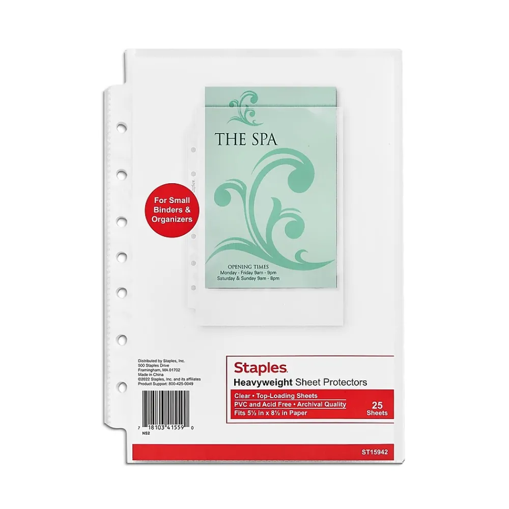 Sheet Protectors|Staples Heavyweight Sheet Protector, 5.5" x 8.5", Clear, 25/Pack (15942)