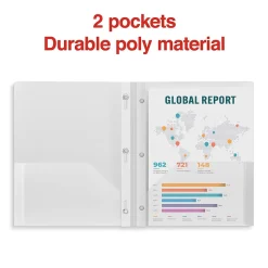 Pocket Folders|Staples 3-Hole Punched 2-Pocket Plastic Presentation Folder with Fasteners, Clear (ST26387-CC)