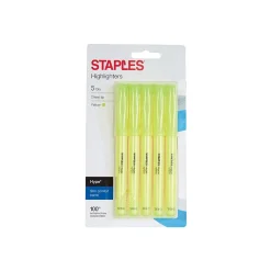 Highlighters|Staples Hype Stick Highlighters, Chisel, Yellow, 5/Pack (29346)