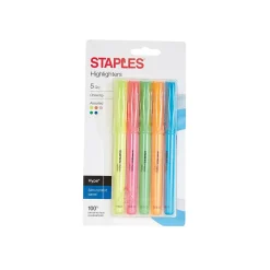 Highlighters|Staples Hype Stick Highlighters, Chisel, Assorted, 5/Pack (29349)