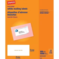 Hot Staples ® Inkjet/Laser Shipping Labels, 2" x 4", White, 10 Labels/Sheet, 100/Sheets/Pack (18060CT)