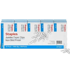 Clips & Fasteners|Staples Jumbo Paper Clips, Silver, 1000 Clips/Pack, 10/Pack(A7026606/72577)