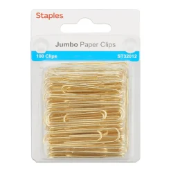 Clips & Fasteners|Staples Jumbo Paper Clips, Gold, 100/Pack (32012)