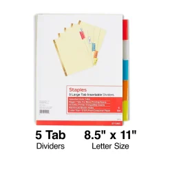Dividers|Staples Large Tab Insertable Dividers, 5-Tab, Assorted Colors (13485/11109)