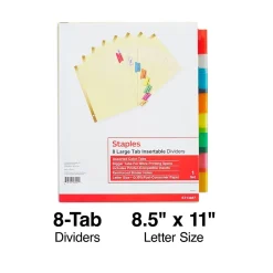 Dividers|Staples Large Tab Insertable Paper Divider, 8 Tabs, Buff with Assorted-Color Tabs, 1 Set (13487/11111)