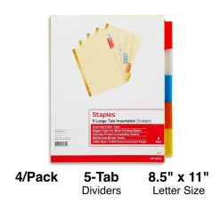 Dividers|Staples Large Tab Insertable Dividers, 5-Tab, Assorted Colors, 4/Pack (13515/14481)