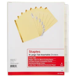 Dividers|Staples Large Tab Insertable Paper Divider, 8 Tabs, Buff with Clear Tabs, 4 Sets (13516/14482)