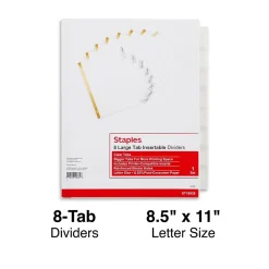 Dividers|Staples Large Tab Insertable Dividers, 8-Tab, Clear (18935/11124)