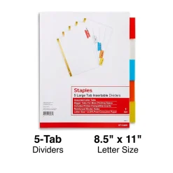 Dividers|Staples Large Tab Insertable Dividers, 5-Tab, Assorted Colors (13489/11121)