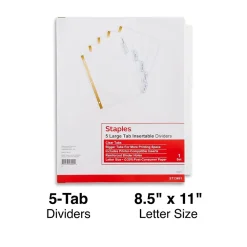 Dividers|Staples Large Tab Insertable Dividers, 5-Tab, Clear (13491/11122)
