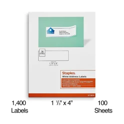 Online Staples Laser/Inkjet Address Labels, 1 1/3" x 4", White, 14 Labels/Sheet, 100 Sheets/Pack, 1400 Labels/Pack (18059/SIWO120)