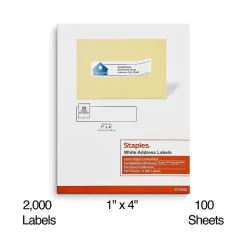Sale Staples Laser/Inkjet Address Labels, 1" x 4", White, 20 Labels/Sheet, 100 Sheets/Pack, 2000 Labels/Box (18058/SIWO110)