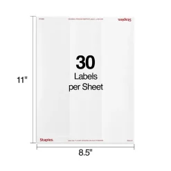 Clearance Staples Laser/Inkjet Address Labels, 1" x 2 5/8", White, 30 Labels/Sheet, 250 Sheets/Pack, 7500 Labels/Box (18063/SIWT100)