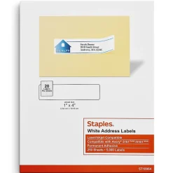 Clearance Staples Laser/Inkjet Address Labels, 1" x 4", Bright White, 20 Labels/Sheet, 250 Sheets/Box, 5000 Labels/Box (18064)