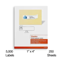 Clearance Staples Laser/Inkjet Address Labels, 1" x 4", Bright White, 20 Labels/Sheet, 250 Sheets/Box, 5000 Labels/Box (18064)