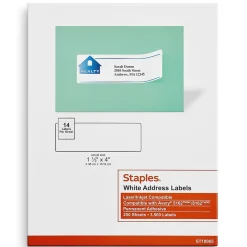 Clearance Staples Laser/Inkjet Address Labels, 1 1/3" x 4", White, 14 Labels/Sheet, 250 Sheets/Box, 3500 Labels/Box (18065)