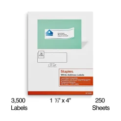 Clearance Staples Laser/Inkjet Address Labels, 1 1/3" x 4", White, 14 Labels/Sheet, 250 Sheets/Box, 3500 Labels/Box (18065)