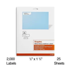 Outlet Staples Laser/Inkjet Address Labels, 1/2" x 1 3/4", White, 80 Labels/Sheet, 25 Sheets/Pack, 2000 Labels/Box (ST18053-CC)
