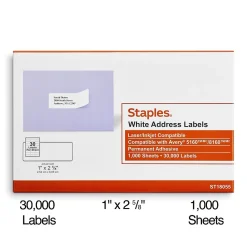 Best Staples Laser/Inkjet Address Labels, 1" x 2 5/8", White, 30 Labels/Sheet, 1000 Sheets/Pack, 30,000 Labels/Box (18055)