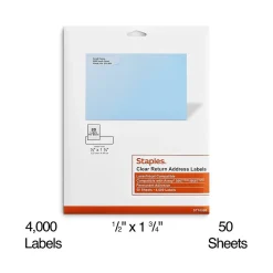 Outlet Staples Laser/Inkjet Address Labels, 1/2" x 1 3/4", Clear, 80 Labels/Sheet, 50 Sheets/Pack, 4000 Labels/Box (18080/SLCK090)