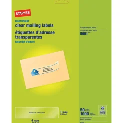Outlet Staples Laser/Inkjet Address Labels, 1" x 4", Clear, 20 Labels/Sheet, 50 Sheets/Box, 1000 Labels/Box (18082)