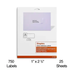 Hot Staples Laser/Inkjet Address Labels Address Labels, 1 X 2 5/8", Clear, 30 Labels/Sheet, 25 Sheets/Pack, 750 Labels/Box