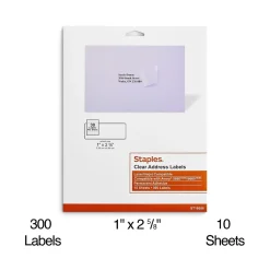 Labels|Staples Laser/Inkjet Address Labels, 1" x 2 5/8", Clear, 30 Labels/Sheet, 10 Sheets/Pack, 300 Labels/Box (18086)