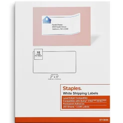 Clearance Staples Laser/Inkjet Shipping Labels, 2" x 4", White, 10 Labels/Sheet, 250 Sheets/Pack, 2500 Labels/Box (18066)