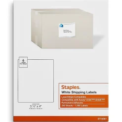 New Staples Laser/Inkjet Shipping Labels, 3 1/3" x 4", White, 6 Labels/Sheet, 250 Sheets/Pack, 1500 Labels/Box (18067)