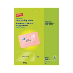 Outlet Staples Laser/Inkjet Shipping Labels, 2" x 4", Clear, 10 Labels/Sheet, 50 Sheets/Pack, 500 Labels/Box (18083)