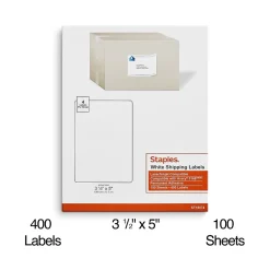 Sale Staples Laser/Inkjet Shipping Labels, 3 1/2" x 5", Bright White, 4 Labels/Sheet, 100 Sheets/Pack, 400 Labels/Box (18074-CC)