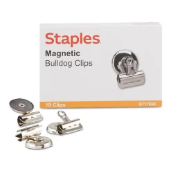 Clips & Fasteners|Staples Magnetic Bulldog Clips, 1.25"W, Metallic, 18/Pack (17694)