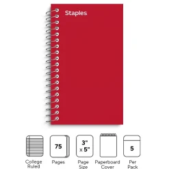 Notepads|Staples ® Memo Books, 3" x 5", College Ruled, Assorted Colors, 75 Sheets/Pad, 5 Pads/Pack (TR11493)