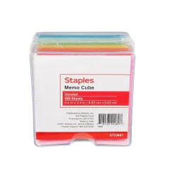 Notepads|Staples Memo Cube Memo Pad, 3.4" x 3.4", Unruled, Assorted Colors, 500 Sheets/Pad (23887)