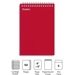Notepads|Staples Memo Pad, 4" x 6", College Ruled, Assorted Colors, 50 Sheets/Pad, 5 Pads/Pack (ST11494N)