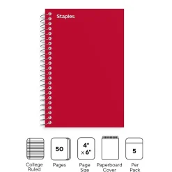 Notepads|Staples Memo Pad, 4" x 6", College Ruled, Assorted Colors, 50 Sheets/Pad, 5 Pads/Pack (ST11495N)