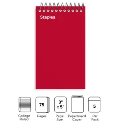 Notepads|Staples Memo Pads, 3" x 5", College Ruled, Assorted Colors, 75 Sheets/Pad, 5 Pads/Pack (TR11491)