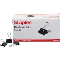 Clips & Fasteners|Staples Mini Binder Clips, 0.25" Capacity, Black, 144 Clips/Pack (ST15338/15338)