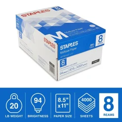 Large Quantity Paper*Staples Multiuse Copy Paper, 8.5" x 11", 20 lbs., 94 Brightness, 500 Sheets/Ream, 8 Reams/Carton (26860-CC)