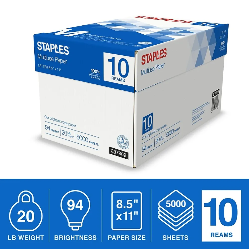 Copy Paper*Staples Multiuse Copy Paper, 8.5" x 11", 20 lbs., 94 Brightness, 500 Sheets/Ream, 10 Reams/Carton (20472)