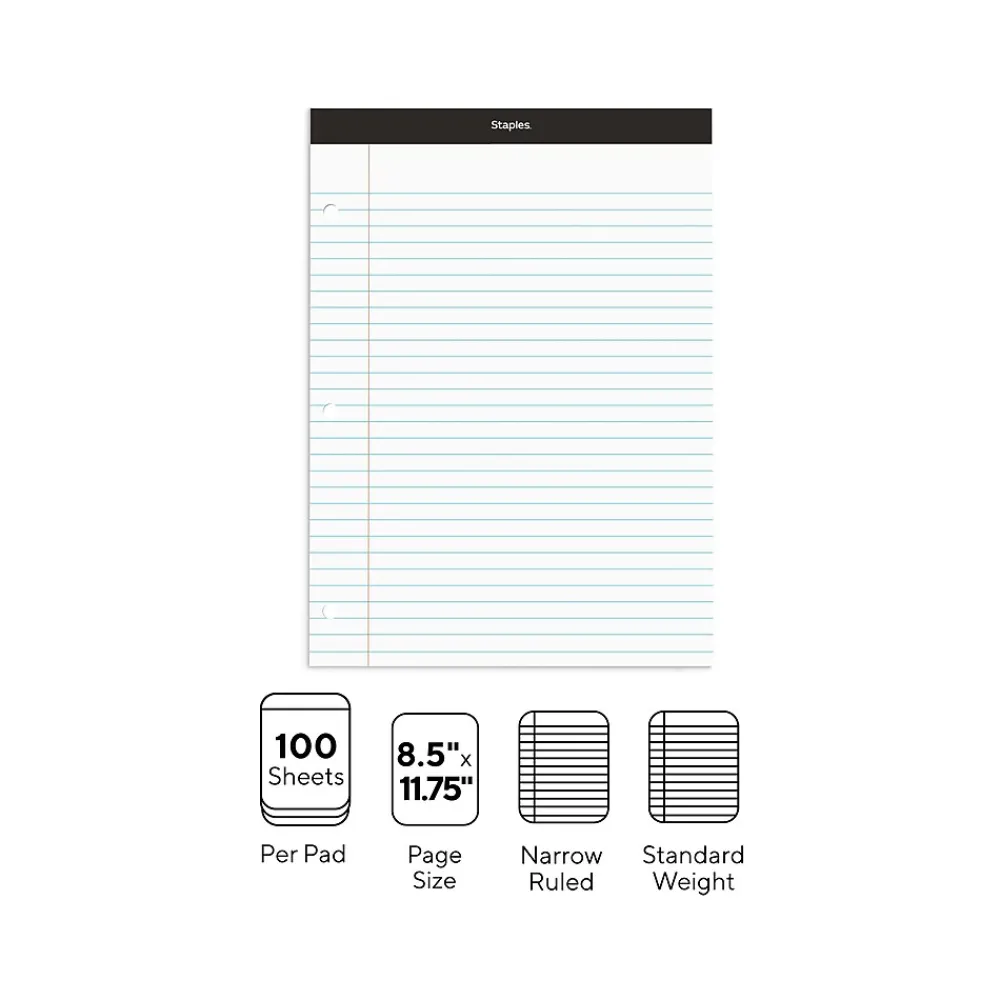 Notepads|Staples Notepad, 8.5" x 11.75", Narrow Ruled, , 100 Sheets/Pad (ST57345/TR57345) White