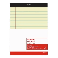 Notepads|Staples ® Notepad, 8.5" x 11.75", Wide Ruled, Canary, 50 Sheets/Pad, 72 Pads/Carton (SBG26839CT)