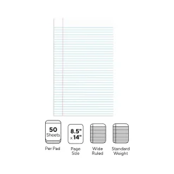 Notepads|Staples Notepads, 8.5" x 14", Wide Ruled, White, 50 Sheets/Pad, Dozen Pads/Pack (ST57335)